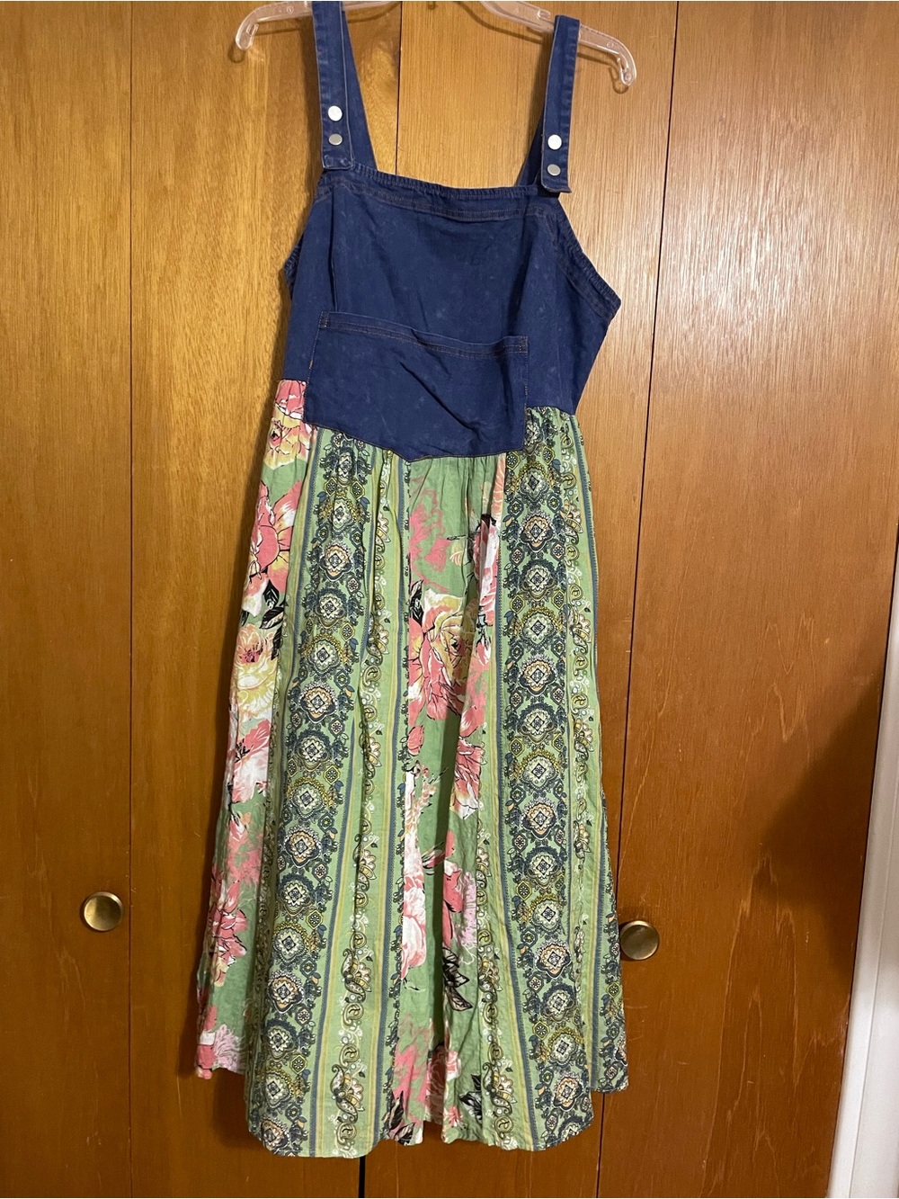 Women’s Navy Denim-Style Bodice Dress with Green Floral Skirt